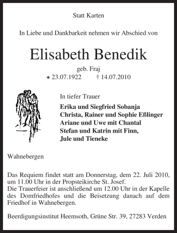 Traueranzeige von Elisabeth Benedik von KREISZEITUNG SYKE