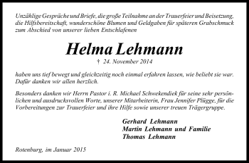 Traueranzeige von Helma Lehmann von KRZ