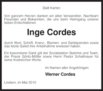 Traueranzeige von Inge Cordes von KREISZEITUNG SYKE