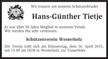 Traueranzeige von Hans-Günther Tietje von KRZ