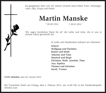 Traueranzeige von Martin Manske von KREISZEITUNG SYKE