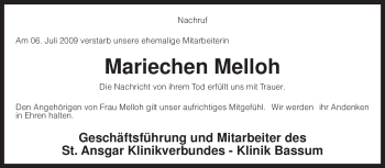 Traueranzeige von Mariechen Melloh von KREISZEITUNG SYKE