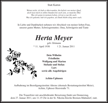 Traueranzeige von Herta Meyer von KREISZEITUNG SYKE