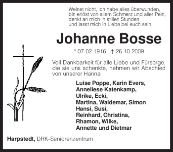 Traueranzeige von Johanne Bosse von KREISZEITUNG SYKE