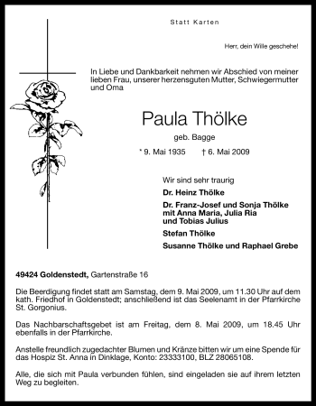 Traueranzeige von Paula Thölke 