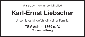 Traueranzeige von Karl-Ernst Liebscher von KREISZEITUNG SYKE