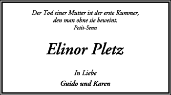 Traueranzeige von Elinor Pletz von KREISZEITUNG SYKE