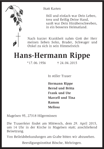 Traueranzeige von Hans-Hermann Rippe von KRZ