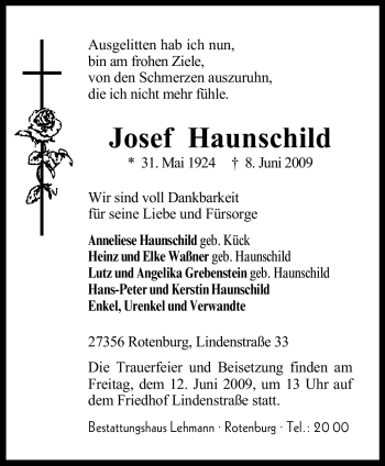 Traueranzeige von Josef Haunschild von KREISZEITUNG SYKE