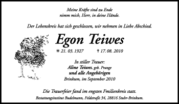 Traueranzeige von Egon Teiwes von KREISZEITUNG SYKE