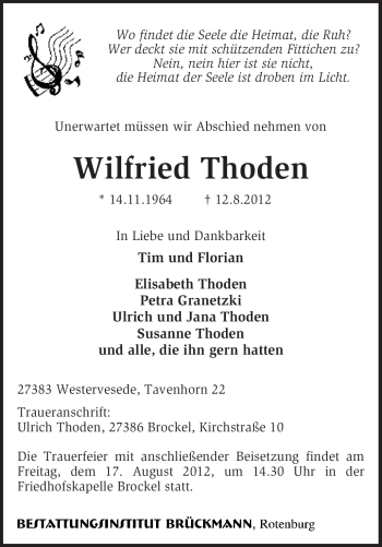 Traueranzeige von Wilfried Thoden von KREISZEITUNG SYKE