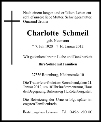 Traueranzeige von Charlotte Schmeil von KREISZEITUNG SYKE