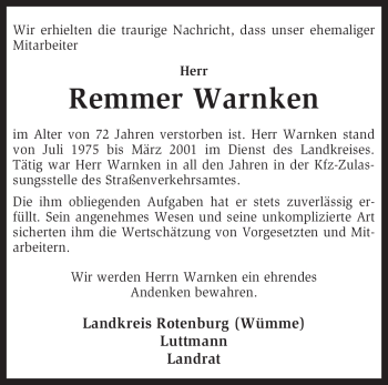 Traueranzeige von Remmer Warnken von KREISZEITUNG SYKE