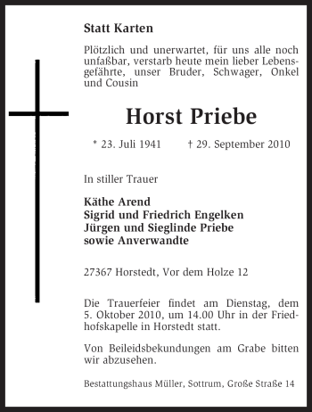 Traueranzeige von Horst Priebe von KREISZEITUNG SYKE