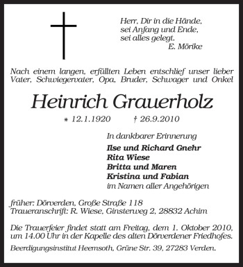 Traueranzeige von Heinrich Grauerholz von KREISZEITUNG SYKE