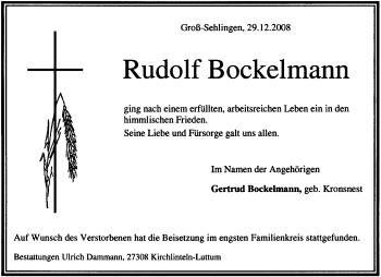 Traueranzeige von Rudolf Bockelmann von KREISZEITUNG SYKE