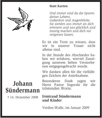 Traueranzeige von Johann Sündermann von KREISZEITUNG SYKE