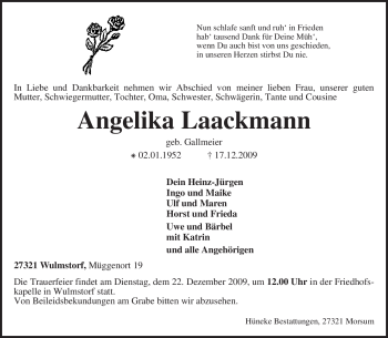 Traueranzeige von Angelika Laackmann von KREISZEITUNG SYKE