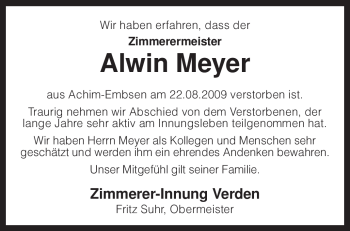 Traueranzeige von Alwin Meyer von KREISZEITUNG SYKE