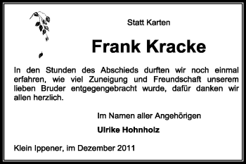 Traueranzeige von Frank Kracke von KREISZEITUNG SYKE