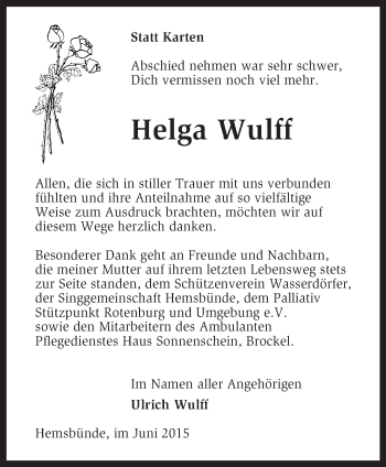 Traueranzeige von Helga Wulff von KRZ