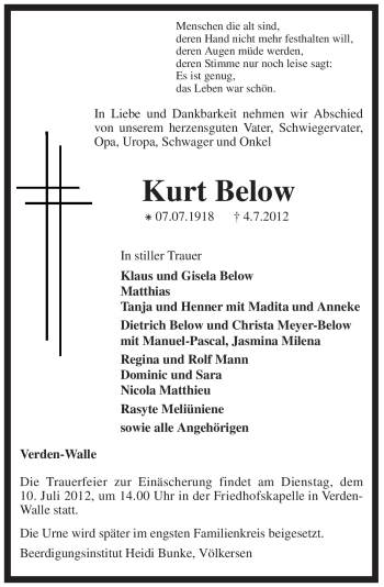 Traueranzeige von Kurt Below von KREISZEITUNG SYKE