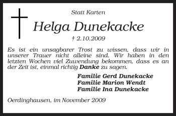 Traueranzeige von Helga Dunekacke von KREISZEITUNG SYKE