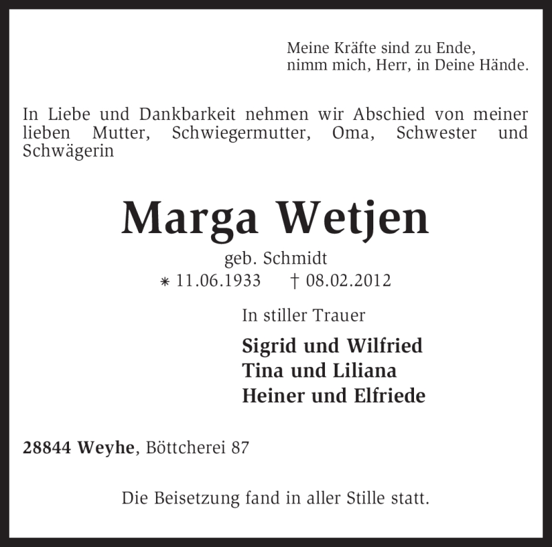  Traueranzeige für Marga Wetjen vom 25.02.2012 aus KREISZEITUNG SYKE