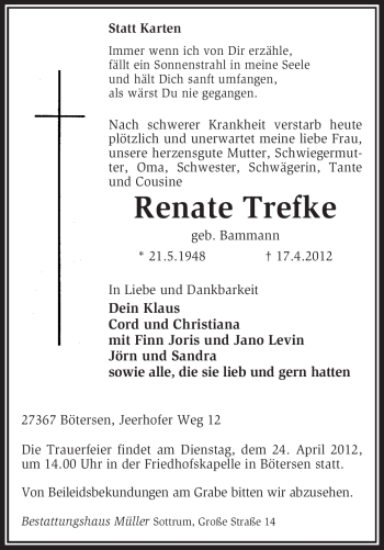 Traueranzeige von Renate Trefke von KREISZEITUNG SYKE