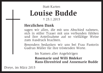 Traueranzeige von Luise Budde von KRZ