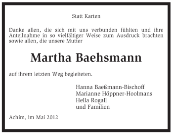 Traueranzeige von Martha Baehsmann von KREISZEITUNG SYKE