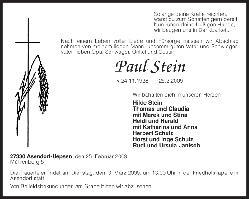  Traueranzeige für Paul Stein vom 27.02.2009 aus KREISZEITUNG SYKE
