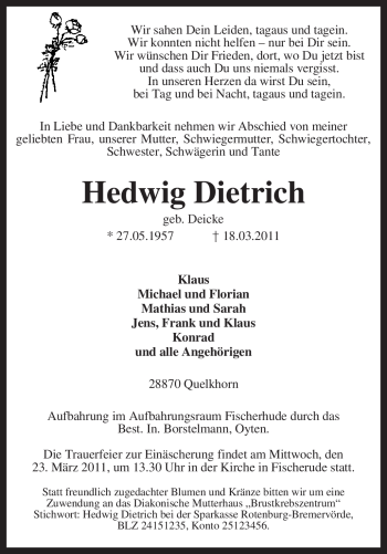 Traueranzeige von Hedwig Dietrich von KREISZEITUNG SYKE