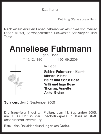 Traueranzeige von Anneliese Fuhrmann von KREISZEITUNG SYKE