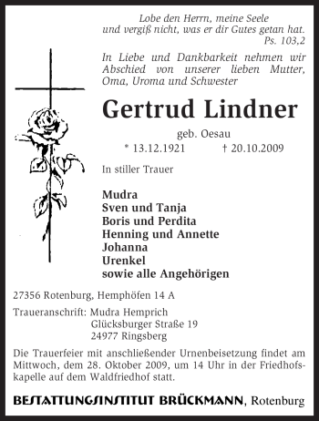 Traueranzeige von Gertrud Lindner von KREISZEITUNG SYKE