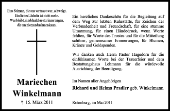 Traueranzeige von Mariechen Winkelmann von KREISZEITUNG SYKE