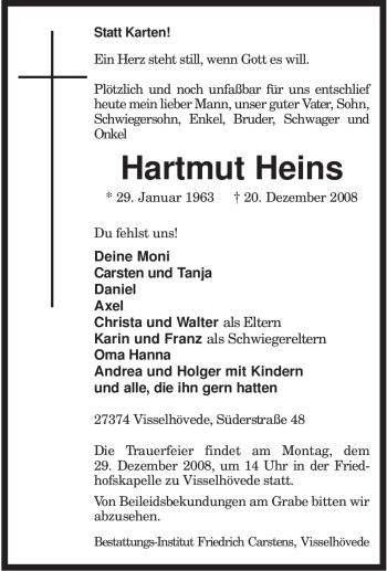 Traueranzeige von Hartmut Heins von KREISZEITUNG SYKE