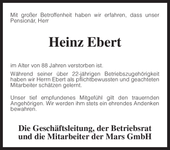 Traueranzeige von Heinz Ebert von KREISZEITUNG SYKE