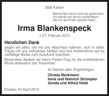 Traueranzeige von Irma Blankenspeck von KREISZEITUNG SYKE