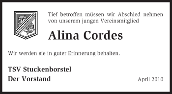 Traueranzeige von Alina Cordes von KREISZEITUNG SYKE