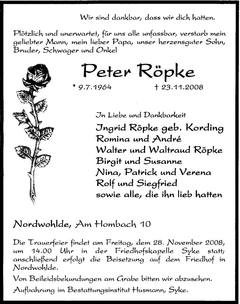  Traueranzeige für Peter Röpke vom 26.11.2008 aus KREISZEITUNG SYKE