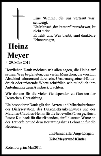 Traueranzeige von Heinz Meyer von KREISZEITUNG SYKE
