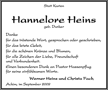 Traueranzeige von Hannelore Heins von KREISZEITUNG SYKE