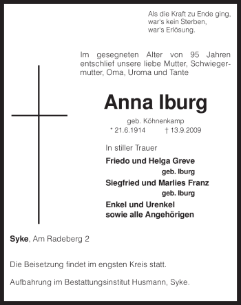 Traueranzeige von Anna Iburg von KREISZEITUNG SYKE