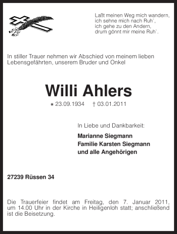 Traueranzeige von Willi Ahlers von KREISZEITUNG SYKE