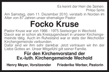 Traueranzeige von Focko Kruse von KREISZEITUNG SYKE