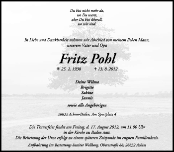 Traueranzeige von Fritz Pohl von KREISZEITUNG SYKE