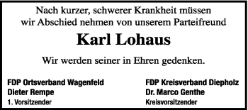 Traueranzeige von Karl Lohaus von KREISZEITUNG SYKE