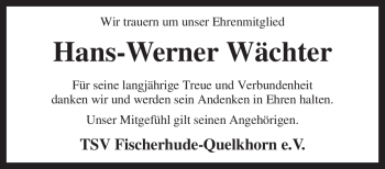 Traueranzeige von Hans-Werner Wächter von KREISZEITUNG SYKE