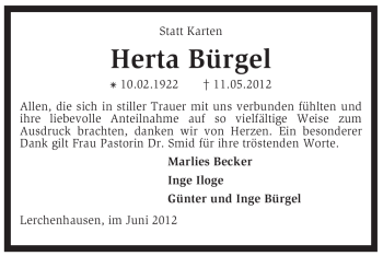 Traueranzeige von Herta Bürgel von KREISZEITUNG SYKE